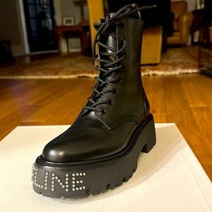 NIB Celine Studded Black Leather Platform Combat Boot Black Leather Size 36
